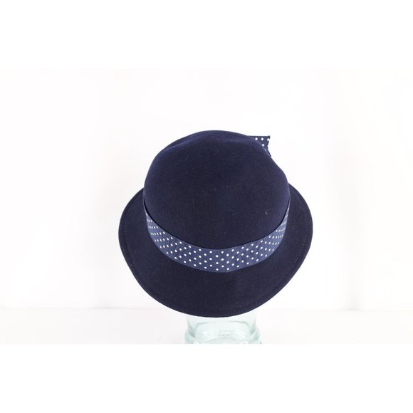 Vintage 30s 40s Felt Wool Polka Dot Bowtie Bucket Hat Cap Navy Blue USA Womens main image 4